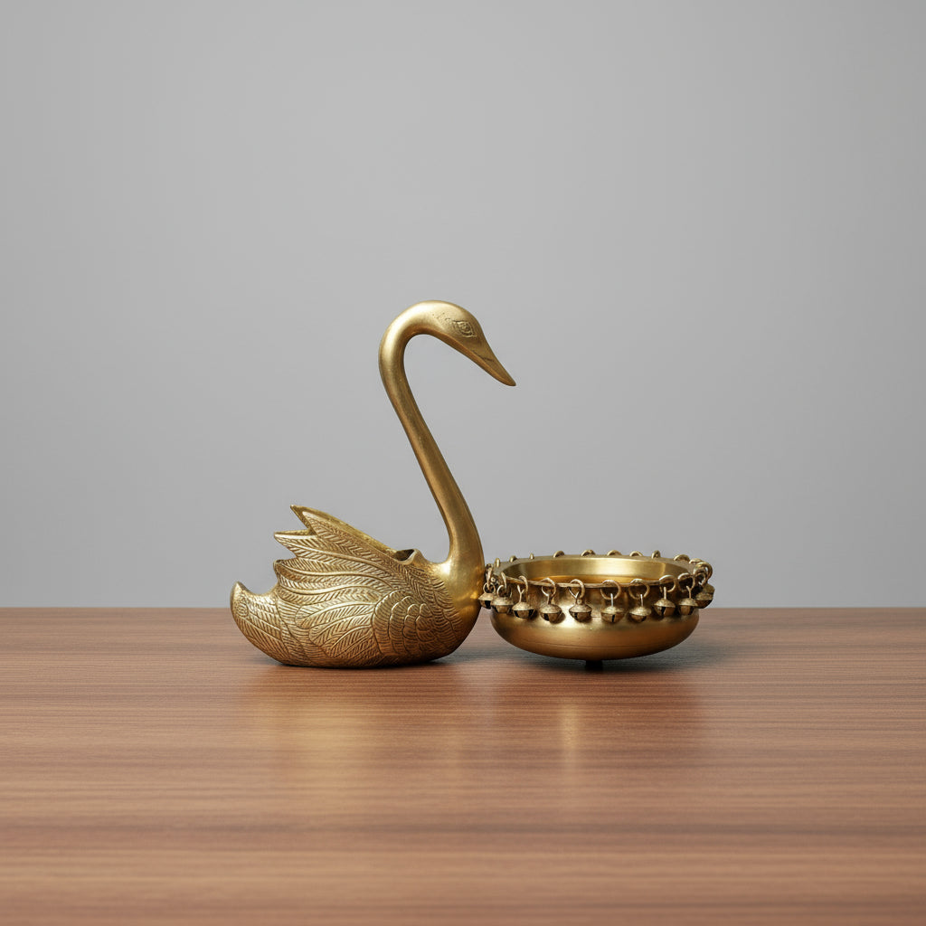 Swan Design Brass Urli Showpiece for Corner Table Floating Flowers Candles Diya for Home Decoration/Gift Item